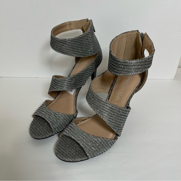 Christian Siriano Silver Sparkle Ankle Wrap Open Toe Heels - Picture 1 of 12